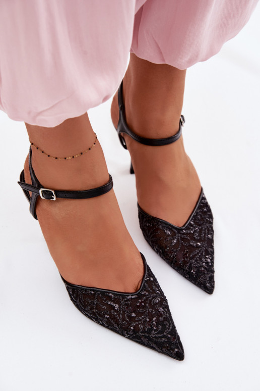 Women's Mesh High Heel Sandals With Shiny Embellishment Black Laria