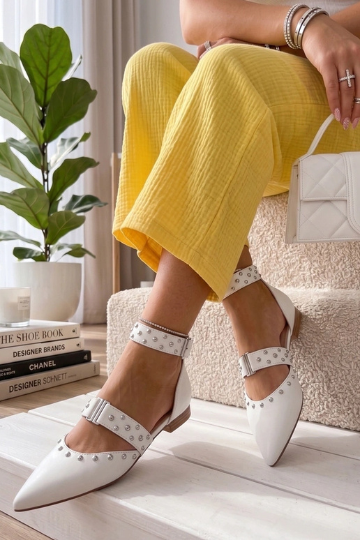 Białe Balerinki Zdobione Dżetami...