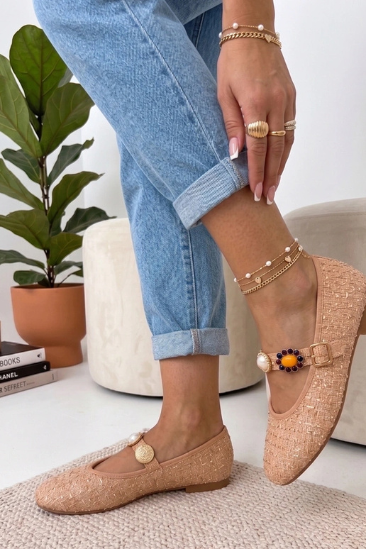 Beżowe Balerinki Z Ozdobnym Paskiem...