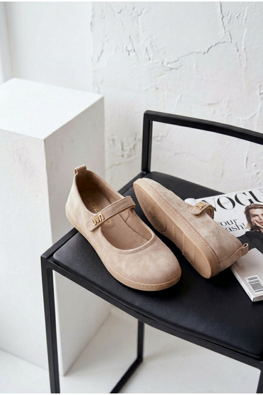 Leather Suede Ballerinas Barefoot With Strap Zazoo 10206 Beige