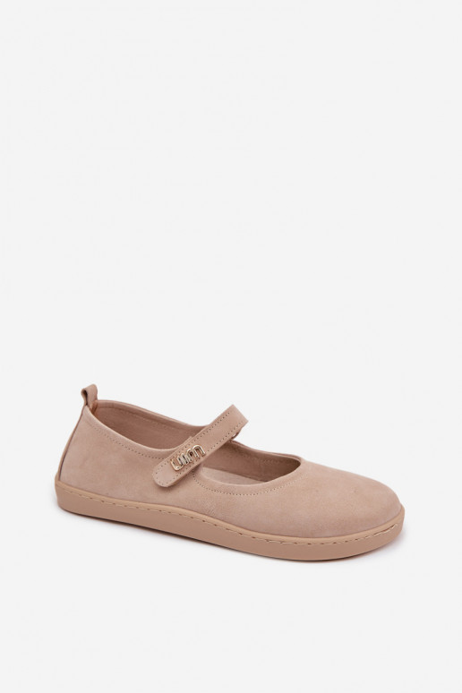 Leather Suede Ballerinas Barefoot With Strap Zazoo 10206 Beige
