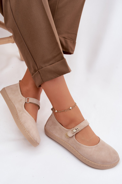 Leather Suede Ballerinas Barefoot With Strap Zazoo 10206 Beige
