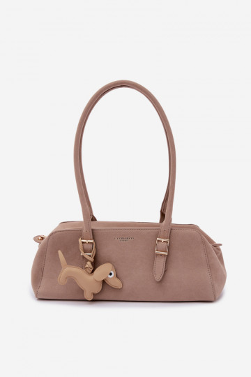 Beige Faux Suede Bag with Dachshund Pendant Noely