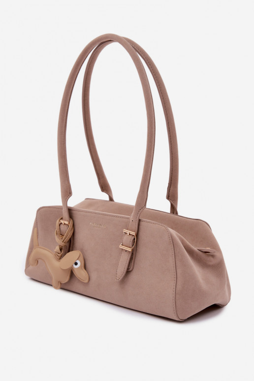 Beige Faux Suede Bag with Dachshund Pendant Noely