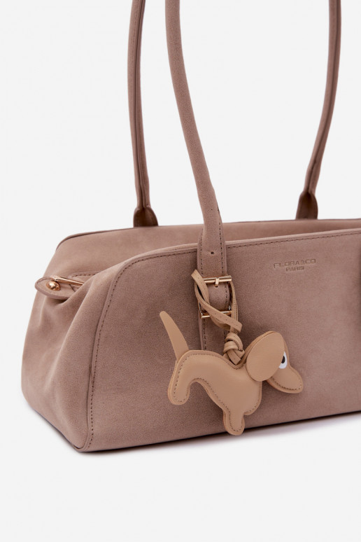 Beige Faux Suede Bag with Dachshund Pendant Noely
