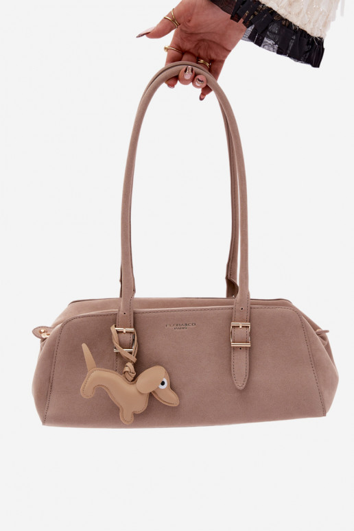 Beige Faux Suede Bag with Dachshund Pendant Noely