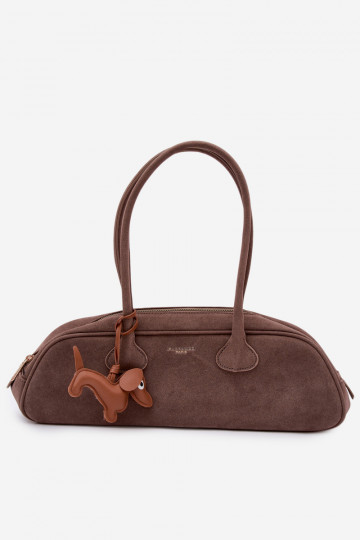 Baguette Bag of Faux Suede with Dachshund Charm Dark Beige Annette