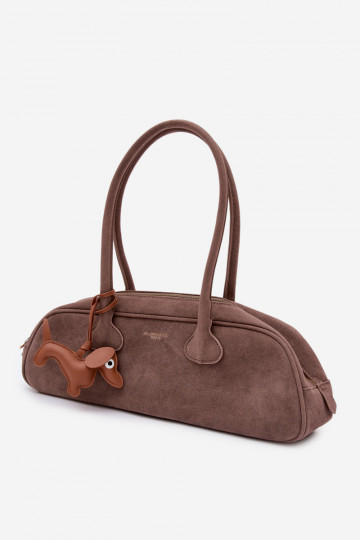 Baguette Bag of Faux Suede with Dachshund Charm Dark Beige Annette 2