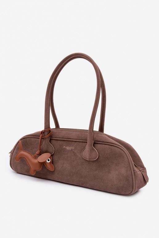 Baguette Bag of Faux Suede with Dachshund Charm Dark Beige Annette