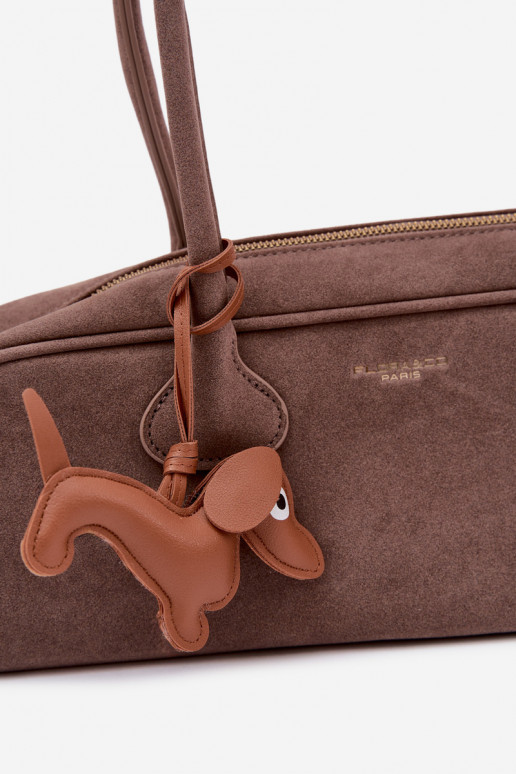 Baguette Bag of Faux Suede with Dachshund Charm Dark Beige Annette
