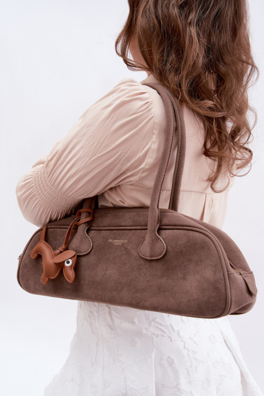 Baguette Bag of Faux Suede with Dachshund Charm Dark Beige Annette