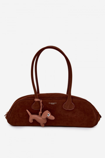 Camel Imitation Suede Baguette Bag With Dachshund Charm Annette