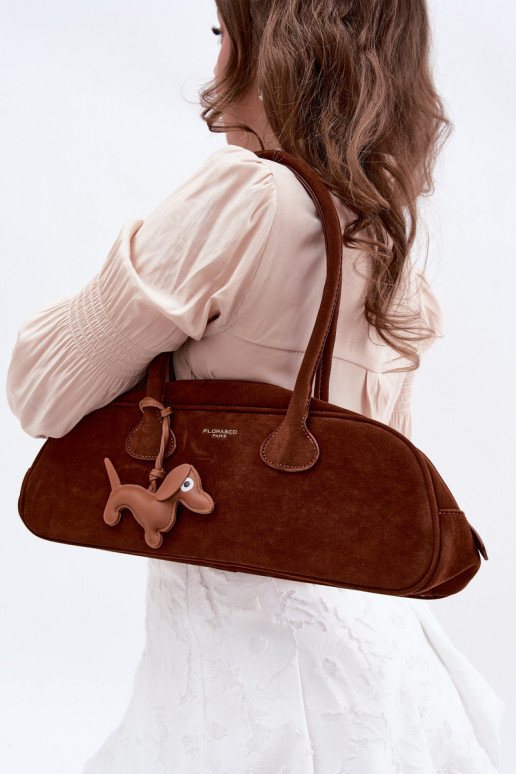 Camel Imitation Suede Baguette Bag With Dachshund Charm Annette