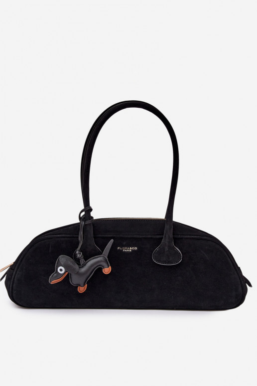 Baguette Bag Made of Faux Suede With Dachshund Charm Black Annette