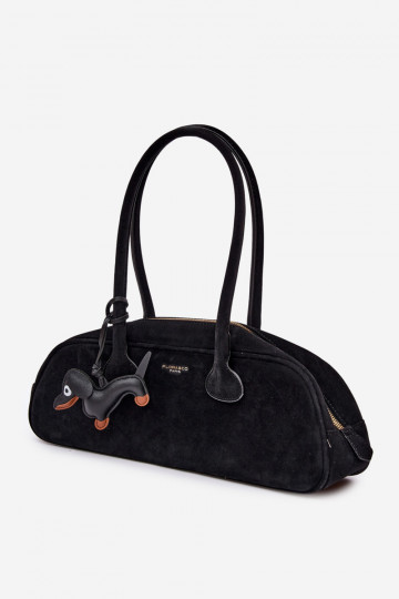 Baguette Bag Made of Faux Suede With Dachshund Charm Black Annette 2