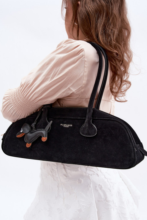 Baguette Bag Made of Faux Suede With Dachshund Charm Black Annette