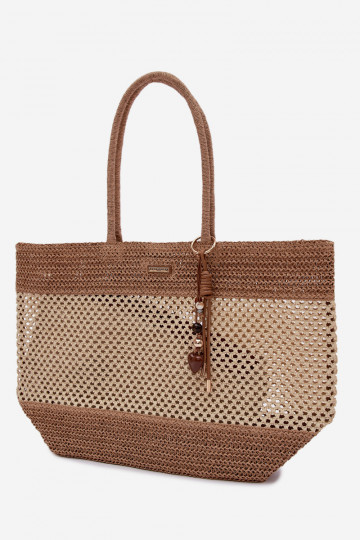 Pleciona Torba Shopper DużawithBrelokiem Beżowa Lucette 2