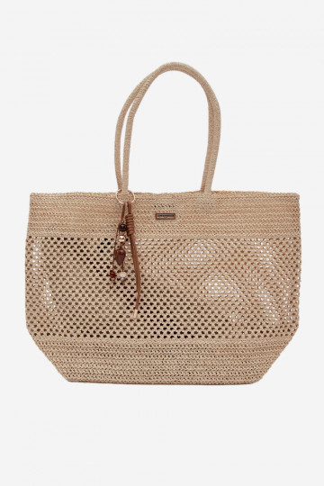 Large Woven Shopper Bag with Keychain Light Beige Lucette