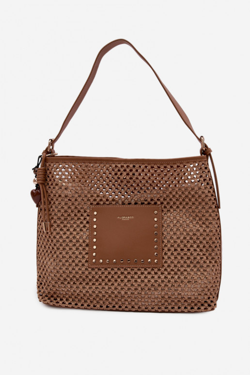 Summer Bag with Woven Pattern and Keychain Light Brown Fayette
