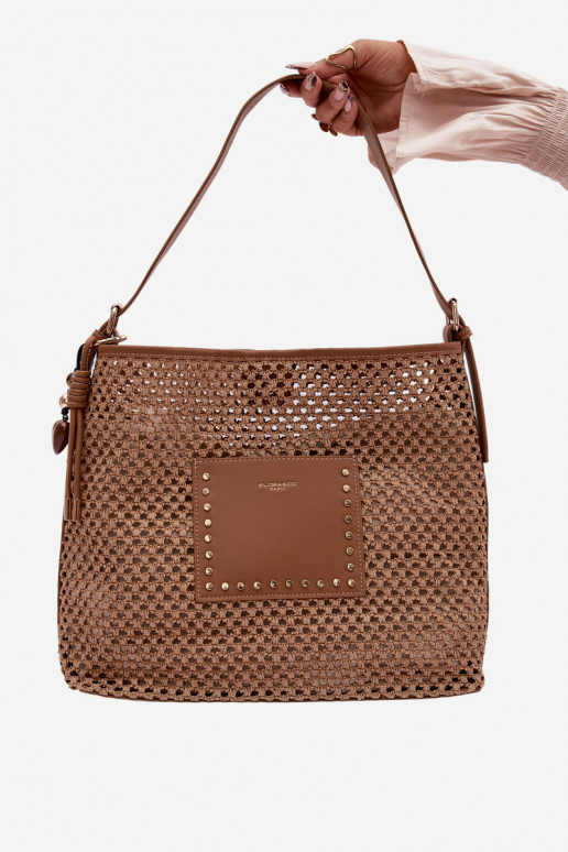 Summer Bag with Woven Pattern and Keychain Light Brown Fayette