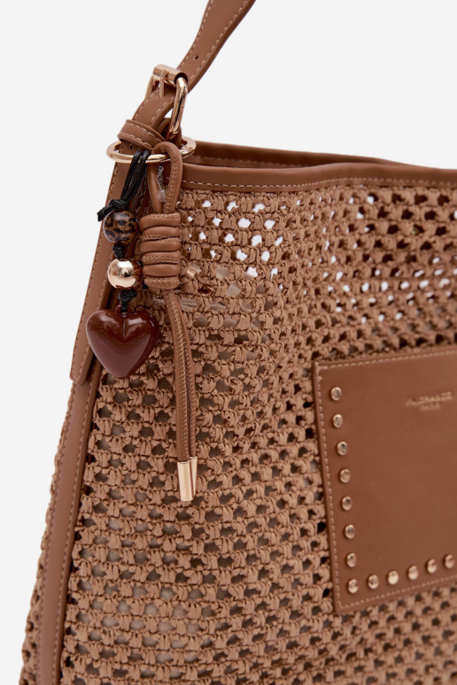 Summer Bag with Woven Pattern and Keychain Light Brown Fayette