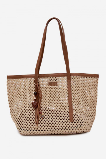 Woven Shopper Bag with Keychain Beige Noella