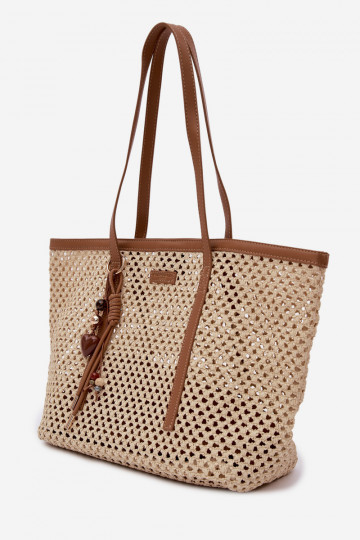 Woven Shopper Bag with Keychain Beige Noella 2