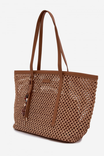Woven Shopper Bag With Keychain Light Brown Noella 2