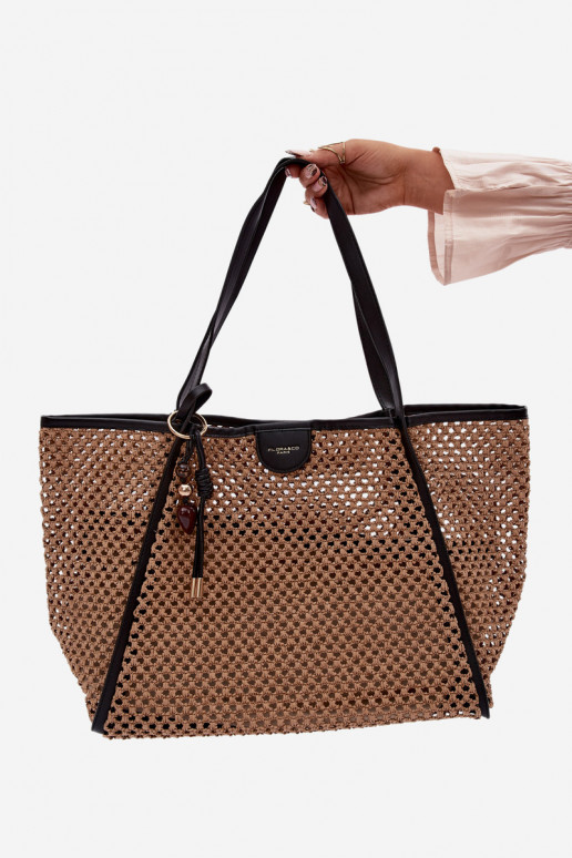 Large Light Brown Woven Shopper Bag with Keychain Mella