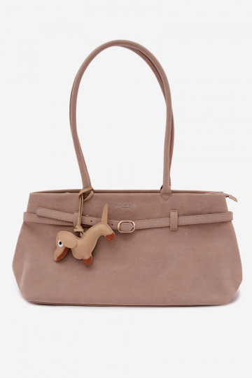 Beige Faux Suede Bag With Dachshund Charm Noellea