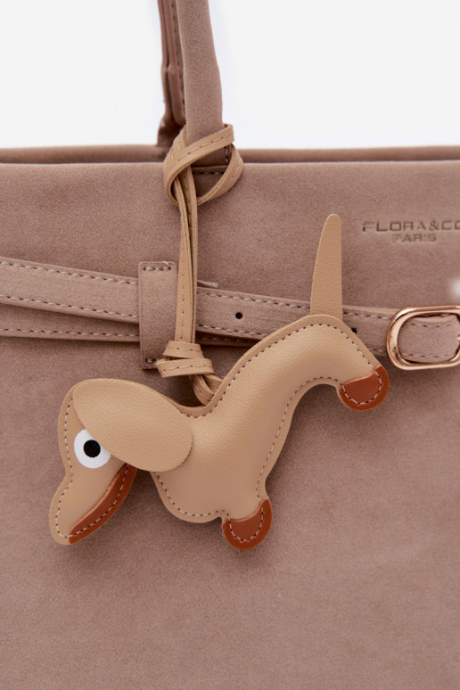 Beige Faux Suede Bag With Dachshund Charm Noellea