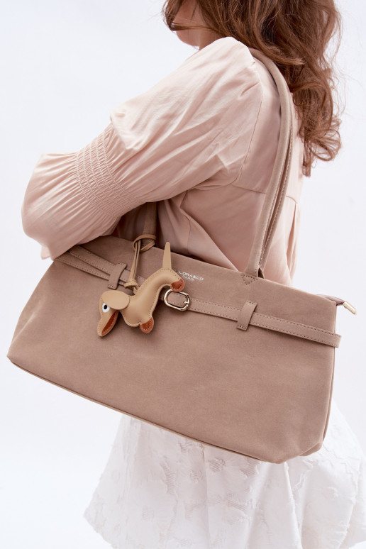 Beige Faux Suede Bag With Dachshund Charm Noellea