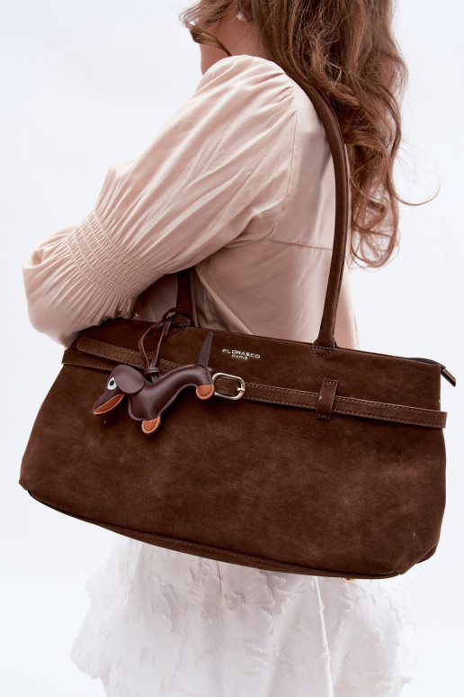 Chocolate Imitation Suede Bag with Dachshund Charm Noellea