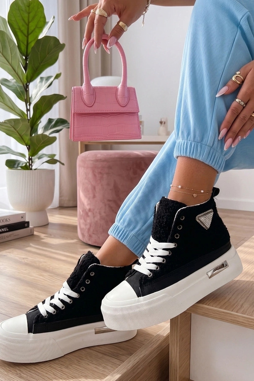 Black sneakers with fur and rhinestones above the ankle Lucia