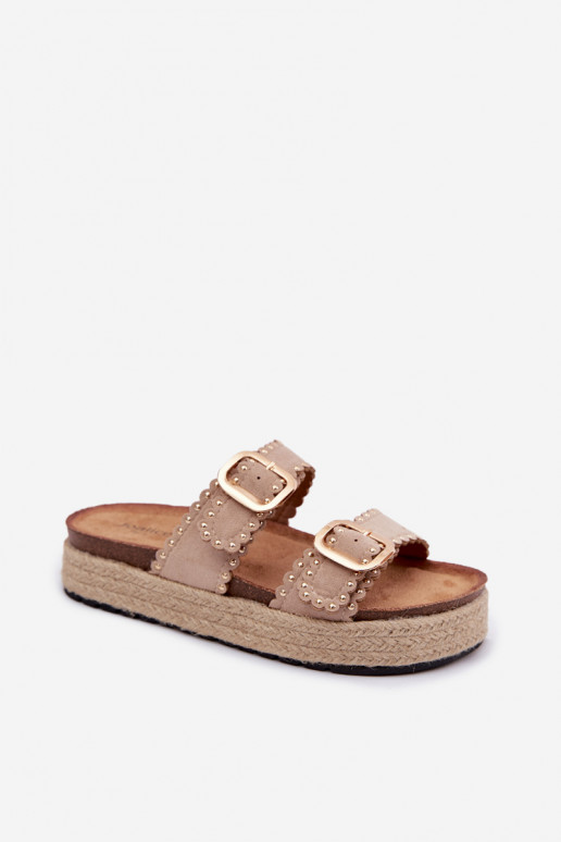 Sand women's slippers with platform, gold buckles and studs