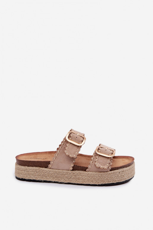 Women's Platform Sandals With Woven Details Gold Buckles And Studs Beige
