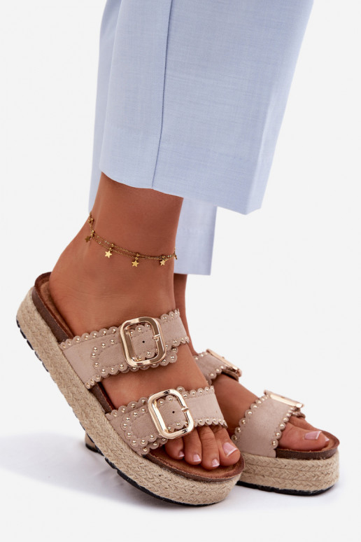 Women's Platform Sandals With Woven Details Gold Buckles And Studs Beige