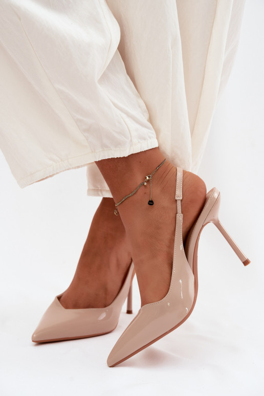 Patent Leather Heels Sandals Made of Faux Leather Beige Calera