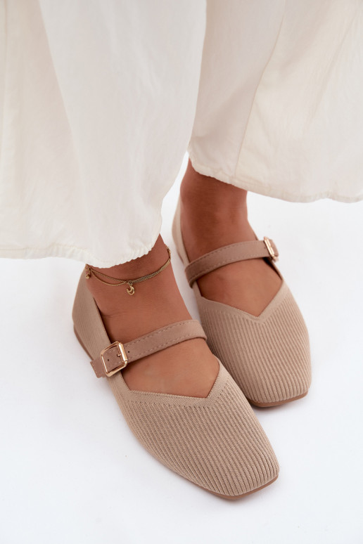 Striped Material Ballerinas With Strap And Buckle Dark Beige Calvra