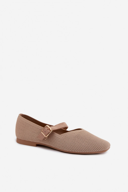 Striped Material Ballerinas With Strap And Buckle Dark Beige Calvra