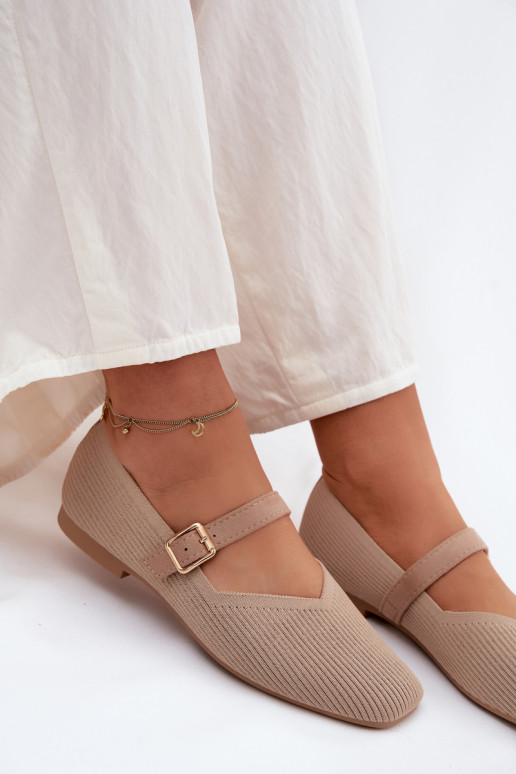 Striped Material Ballerinas With Strap And Buckle Dark Beige Calvra