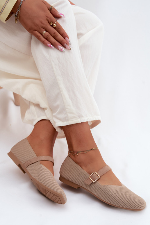 Striped Material Ballerinas With Strap And Buckle Dark Beige Calvra