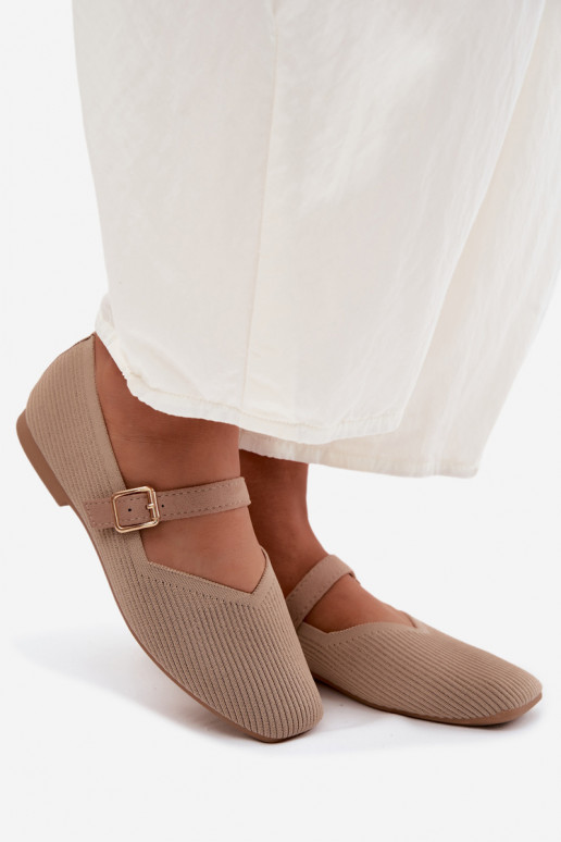 Striped Material Ballerinas With Strap And Buckle Dark Beige Calvra