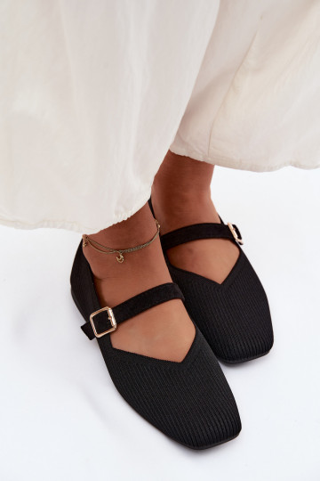 Striped Material Ballerinas With Strap And Clasp Black Calvra