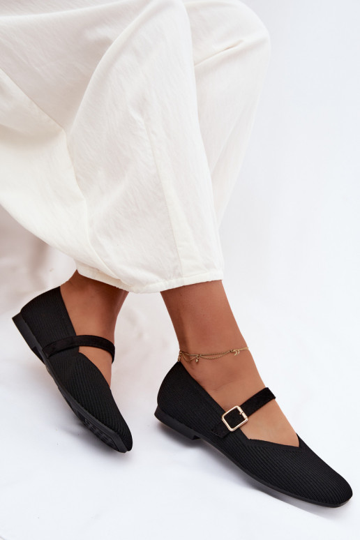 Striped Material Ballerinas With Strap And Clasp Black Calvra