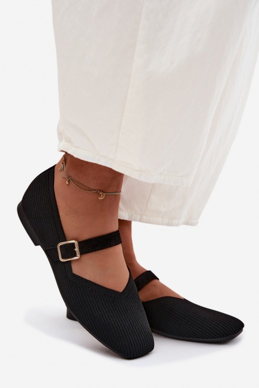 Striped Material Ballerinas With Strap And Clasp Black Calvra