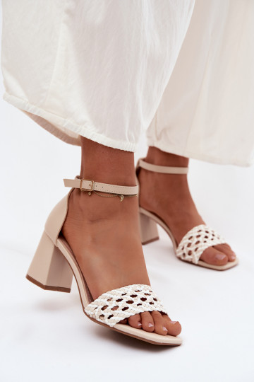 Women's Block Heel Sandals With Woven Light Beige Felena 2