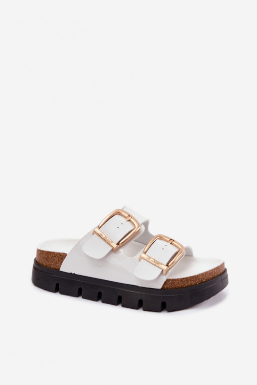 White patent women's slippers with platform and gold buckles Lee Cooper LCIN-26-35-4460L