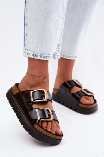 Lacquered Women's Platform Slippers With Gold Clips Lee Cooper LCW-26-35-4459L Black