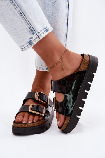 Lacquered Women's Platform Slippers With Gold Clips Lee Cooper LCW-26-35-4459L Black 2